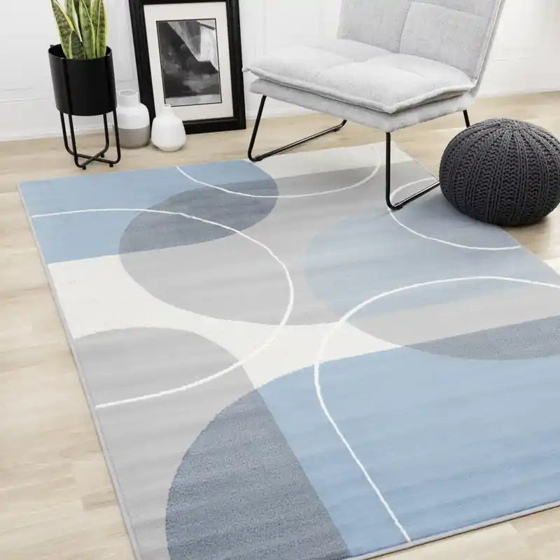 Tapis géométrique Demi-cercles Bleu Gris Blanc 2,36 m x 3,20 m