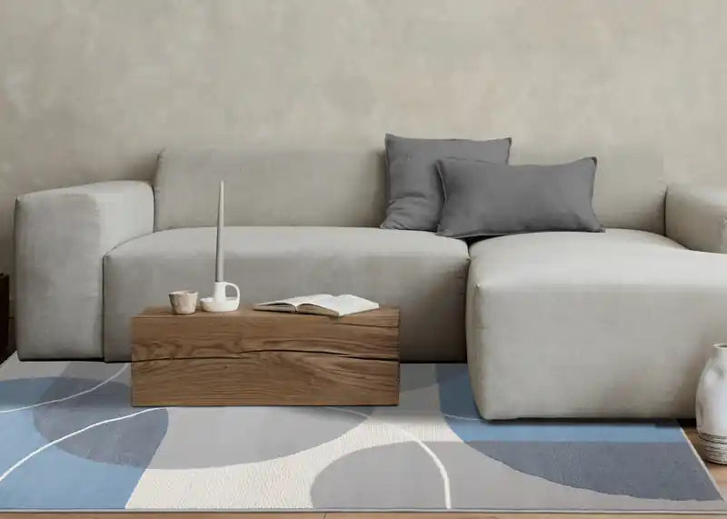 Tapis géométrique Demi-cercles Bleu Gris Blanc 2,36 m x 3,20 m