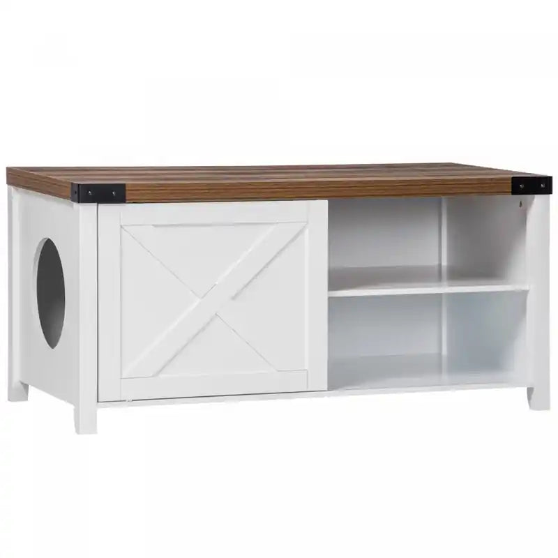 Pawhut Cat Litter Box Enclosure With Sliding Door, Cat Washroom Storage Bench With Cat Hole, Indoor