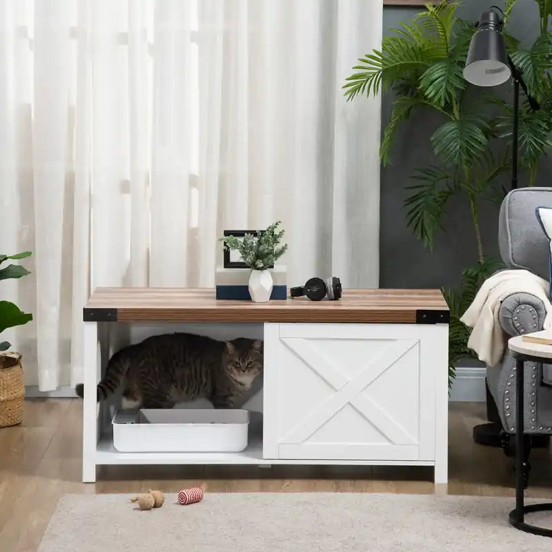 Meuble cache litière avec porte coulissante, banc de rangement avec trou pour chat, intérieur