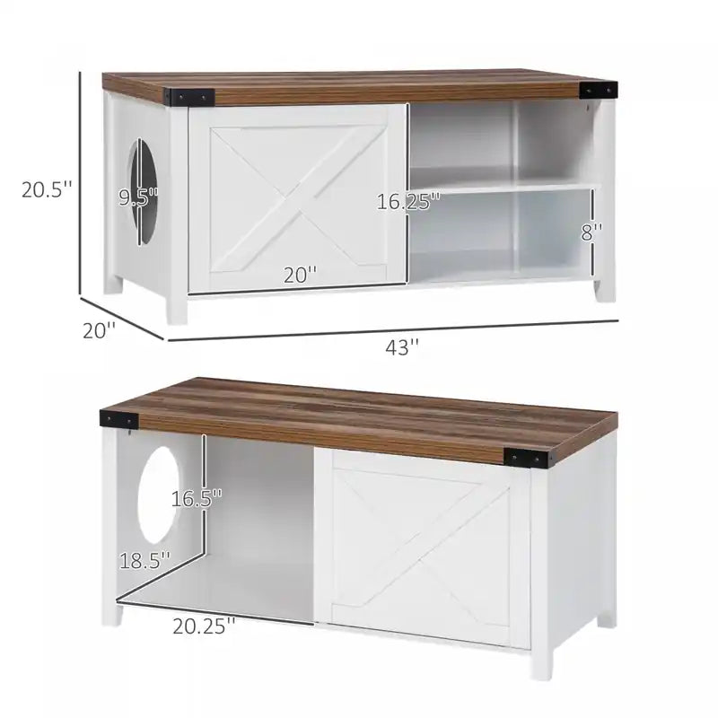 Meuble cache litière avec porte coulissante, banc de rangement avec trou pour chat, intérieur