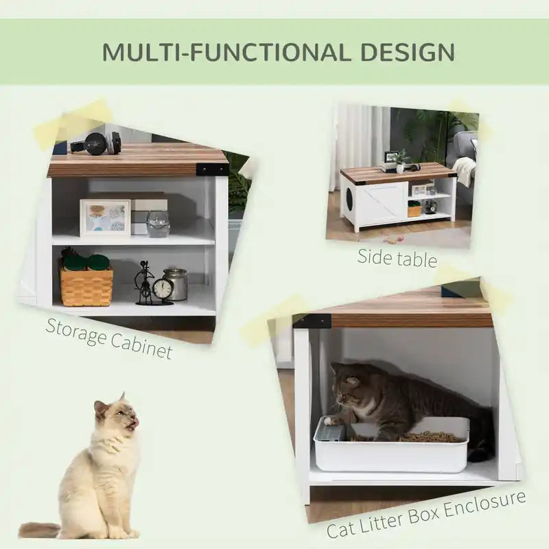 Meuble cache litière avec porte coulissante, banc de rangement avec trou pour chat, intérieur