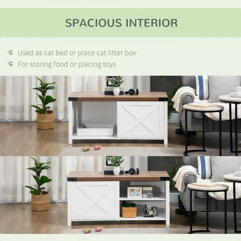 Meuble cache litière avec porte coulissante, banc de rangement avec trou pour chat, intérieur