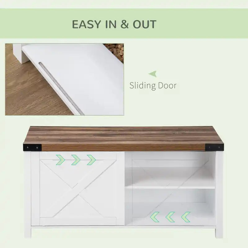 Meuble cache litière avec porte coulissante, banc de rangement avec trou pour chat, intérieur