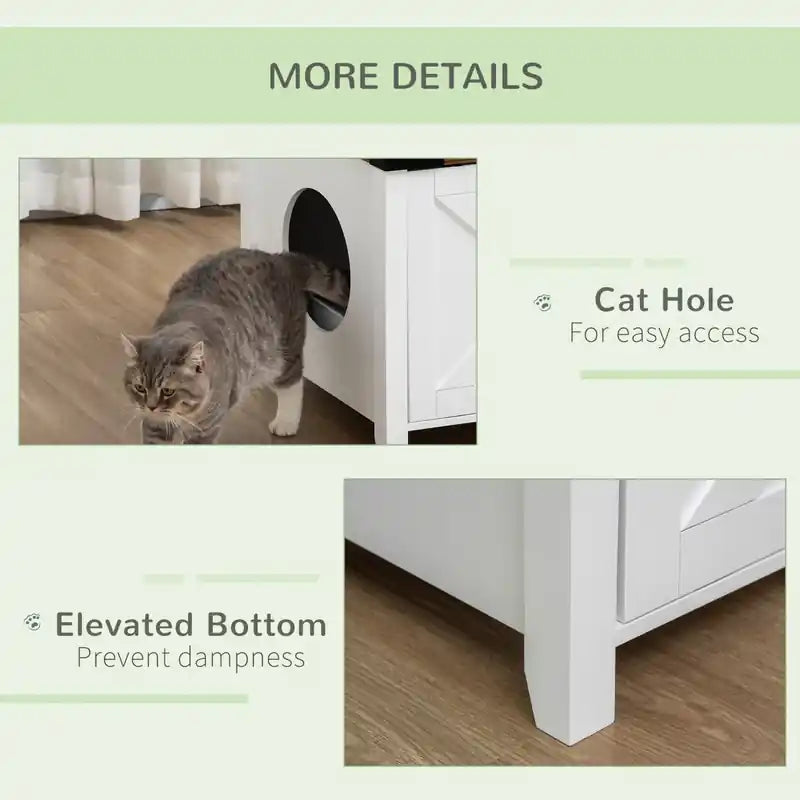 Meuble cache litière avec porte coulissante, banc de rangement avec trou pour chat, intérieur
