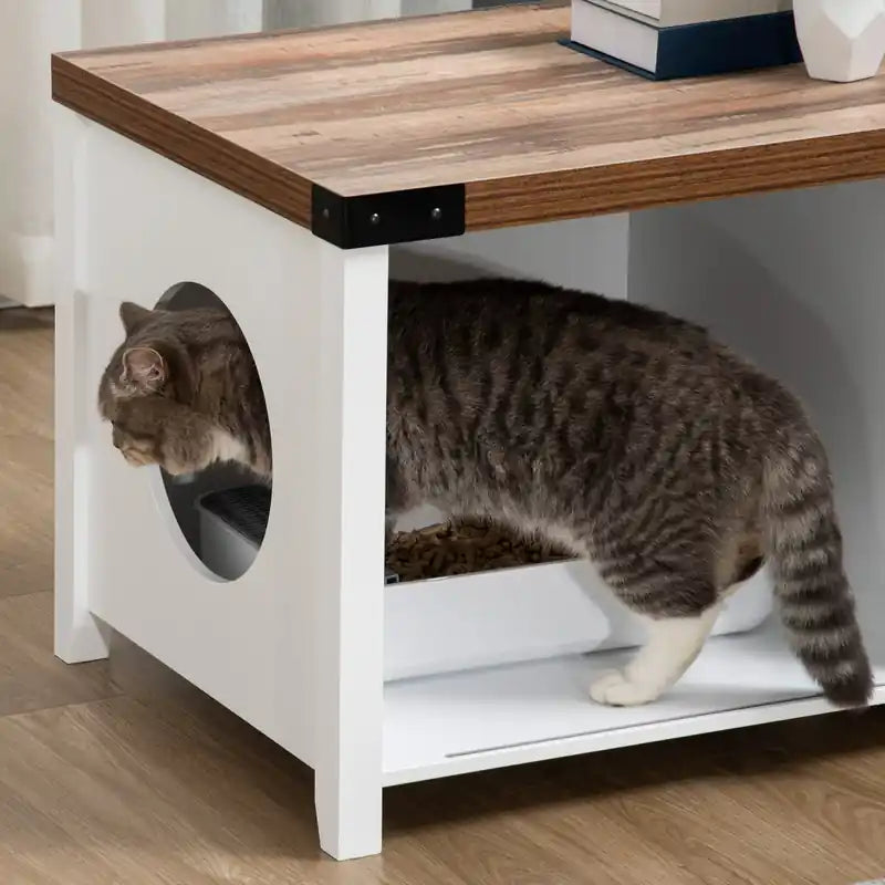 Meuble cache litière avec porte coulissante, banc de rangement avec trou pour chat, intérieur