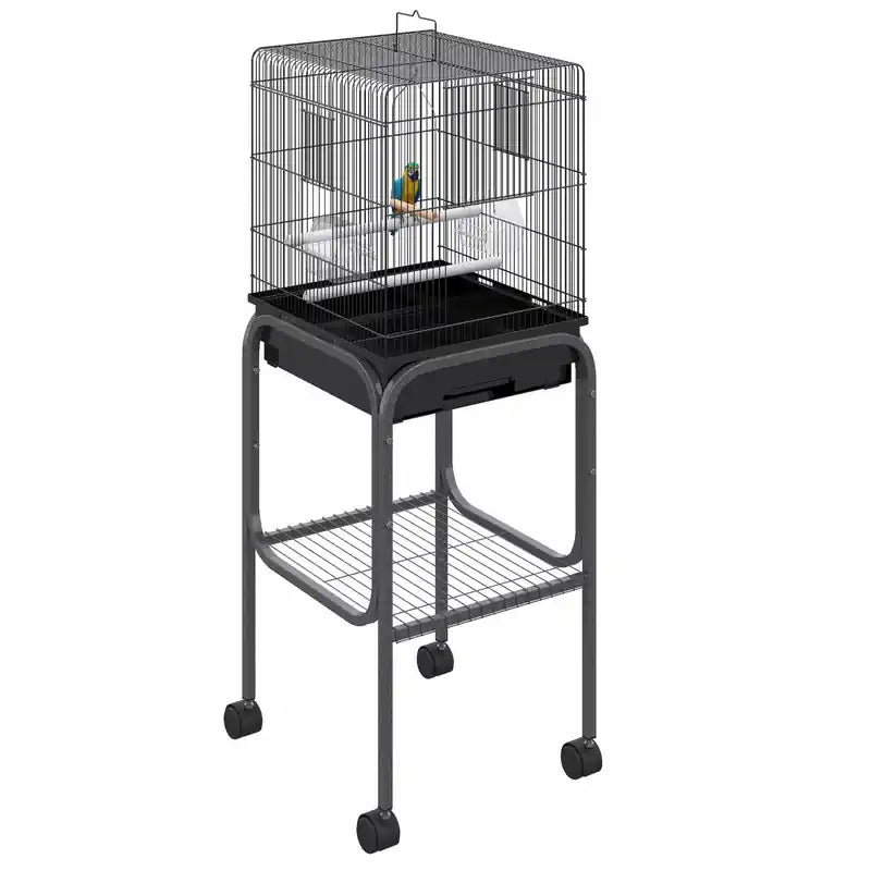 Pawhut 44.5h Metal Bird Cage Parrot Play Spot Stand W/ Wheel Storage Shelf Multi-doors Black