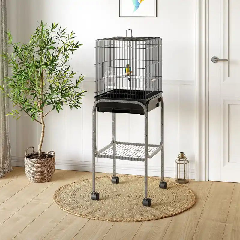 44,5 h Cage à oiseaux en métal Perroquet Aire de jeux Support sur roulettes Étagère de rangement Portes multiples Noir
