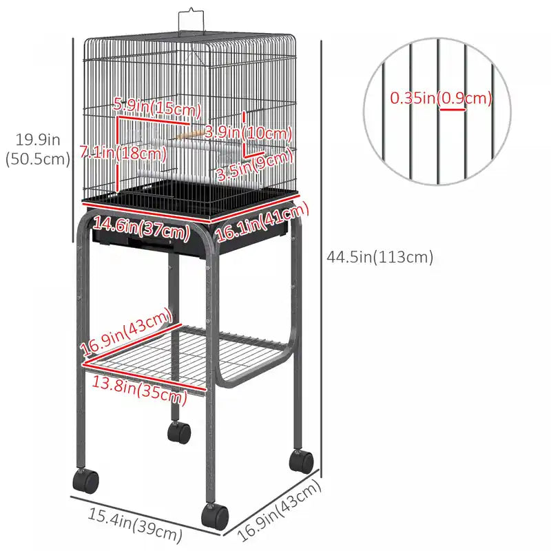 44,5 h Cage à oiseaux en métal Perroquet Aire de jeux Support sur roulettes Étagère de rangement Portes multiples Noir