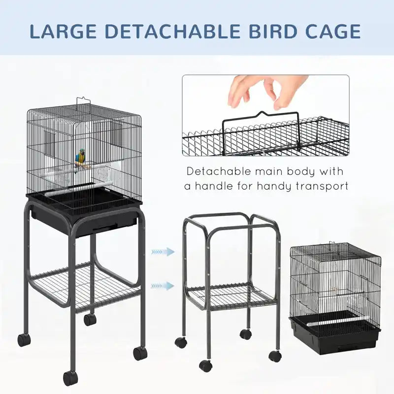 44,5 h Cage à oiseaux en métal Perroquet Aire de jeux Support sur roulettes Étagère de rangement Portes multiples Noir