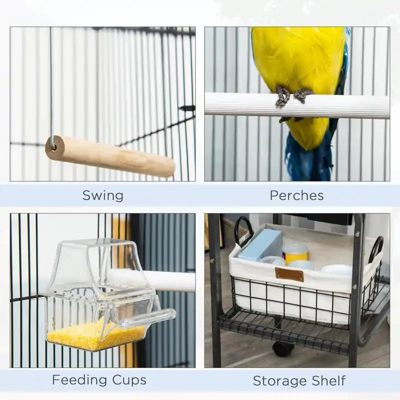 44,5 h Cage à oiseaux en métal Perroquet Aire de jeux Support sur roulettes Étagère de rangement Portes multiples Noir