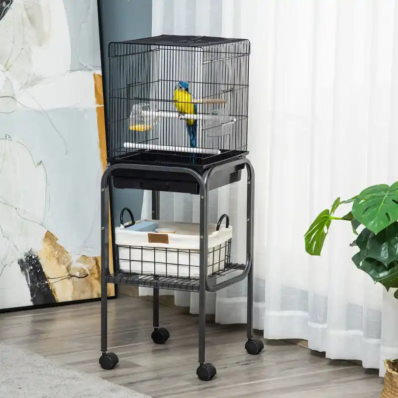 44,5 h Cage à oiseaux en métal Perroquet Aire de jeux Support sur roulettes Étagère de rangement Portes multiples Noir