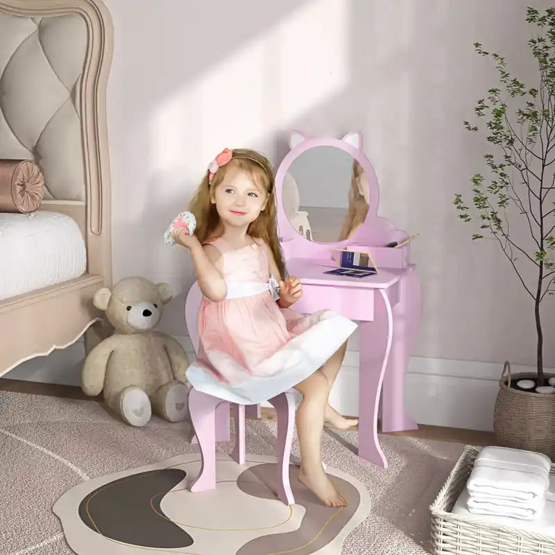 Coiffeuse enfant avec miroir et tabouret, Table de maquillage pour enfants de 3 à 6 ans, avec ti