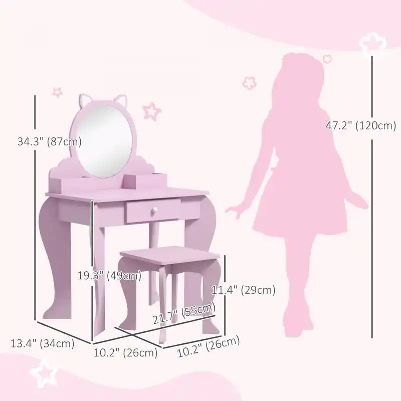 Coiffeuse enfant avec miroir et tabouret, Table de maquillage pour enfants de 3 à 6 ans, avec ti