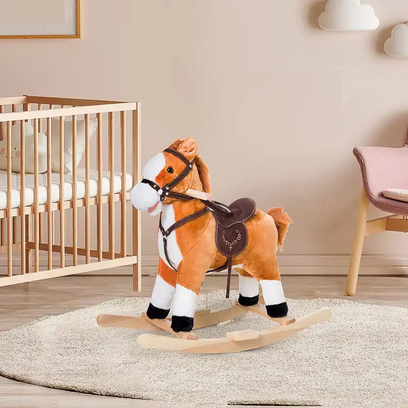 Cheval à bascule pour enfants Jouet à chevaucher en peluche avec sons réalistes Rouge Marron