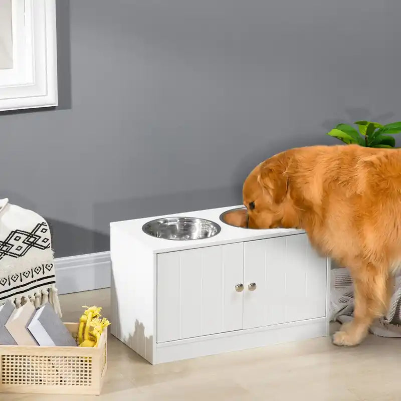 Gamelles surélevées pour grands chiens avec support de rangement, et 2 gamelles en acier inoxydable.