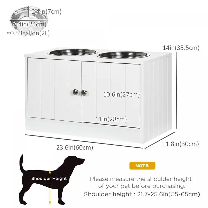 Gamelles surélevées pour grands chiens avec support de rangement, et 2 gamelles en acier inoxydable.