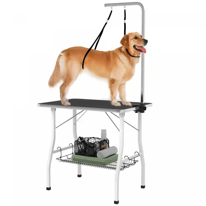 Pawhut 35in Dog Grooming Table With Adjustable Arm, Foldable Pet Grooming Table With Mesh Tray, Two