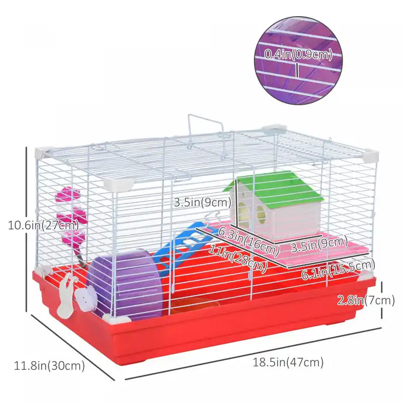 Cage à hamster de 47 cm avec roue d'exercice et biberon, maison et habitats pour rats, 2 étagères
