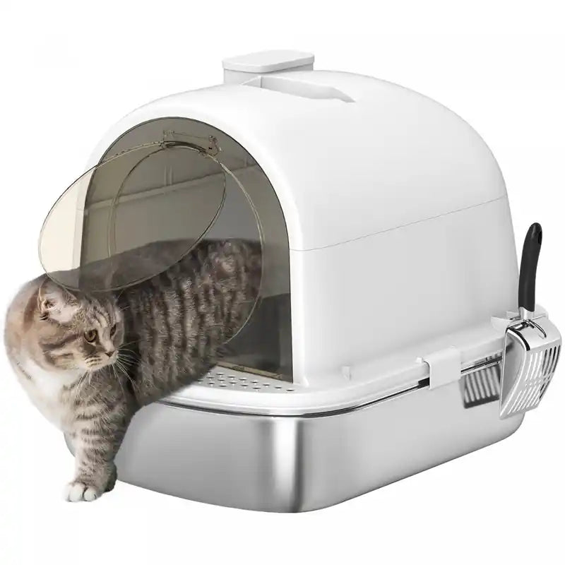Pawhut Stainless Steel Litter Box With Lid, Enclosed Cat Litter Box With Scoop, Deodorizer Bag, Handle, Odour Control, Non-sticky And Easy To Clean