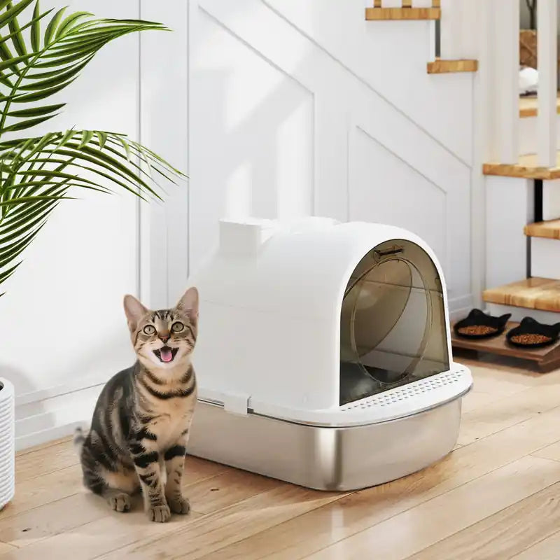 Bac à litière en acier inoxydable avec couvercle, bac à litière fermé pour chat avec pelle, sac déodorant, poignée, contrôle des odeurs, antiadhésif et facile à nettoyer