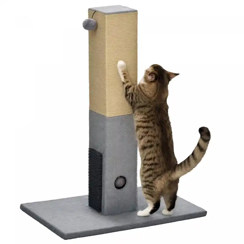 Pawhut Cat Scratching Post, 31 Tall Cat Scratcher For Indoor Cats, Natural Sisal Cat Scratch Post With Hanging Balls, Grooming Brushes, Stable Base