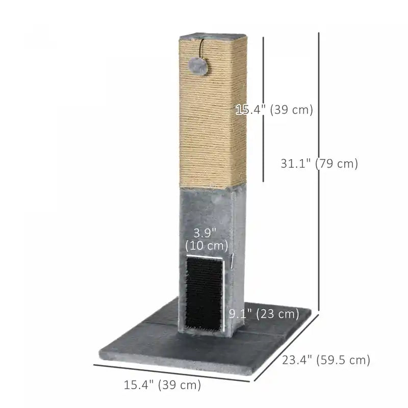 Arbre à chat, 31 pouces de hauteur, griffoir pour chats d'intérieur, poteau à griffer en sisal naturel avec balles suspendues, brosses de toilettage, base stable