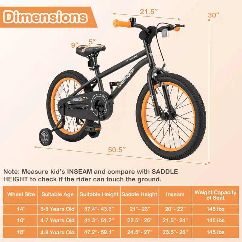 Vélo enfant 18 pouces pour 4-8 ans avec selle réglable et guidon antidérapant Noir