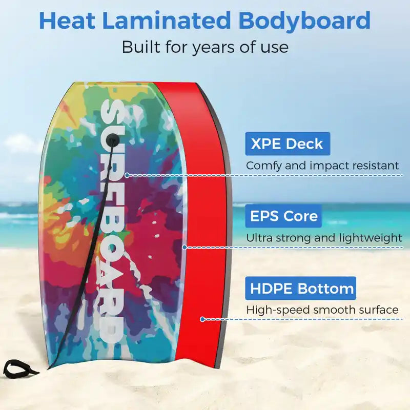 Planche de bodyboard légère de 41 pouces avec noyau en EPS, pont en XPE, dessous en HDPE, tail en croissant, coloré