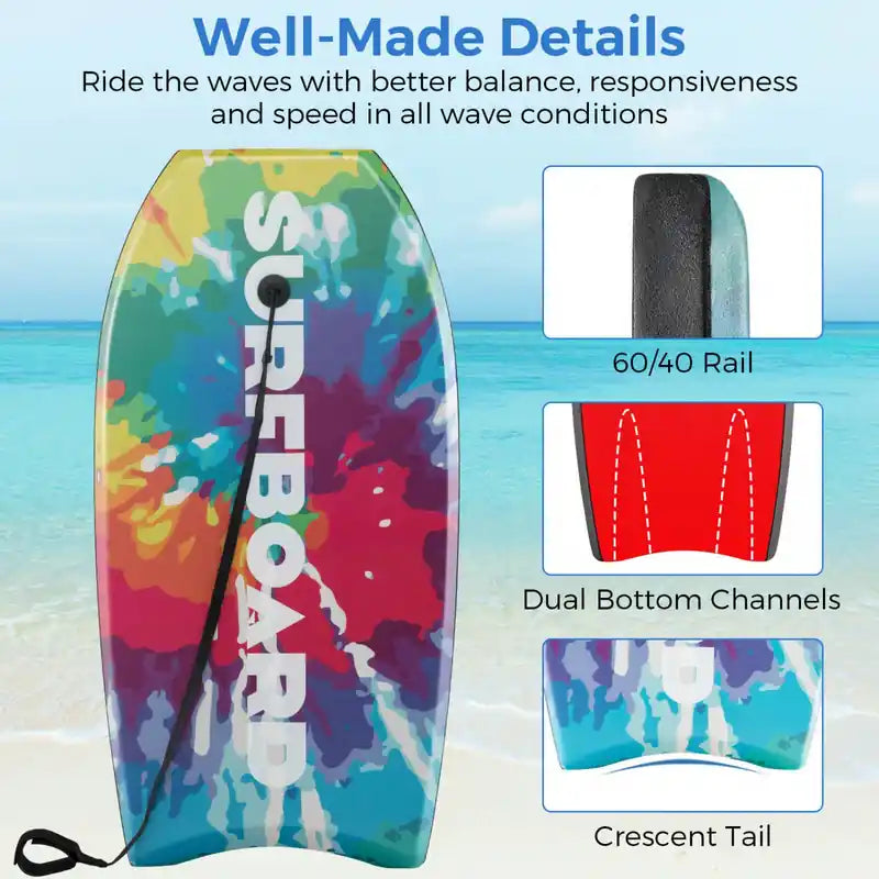 Planche de bodyboard légère de 41 pouces avec noyau en EPS, pont en XPE, dessous en HDPE, tail en croissant, coloré